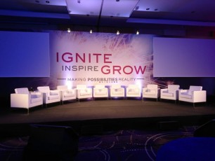 Dual Screen Graphic Print AV-Drop Modular Backdrop behind stage for corporate event