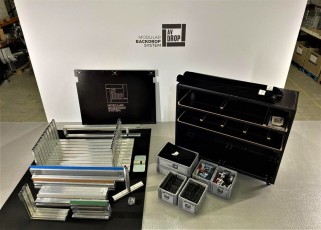 Graphic Print AV-Drop Modular Backdrop with cases and hardware in front