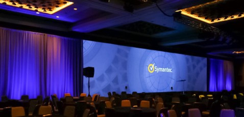 White AV-Drop Modular backdrop with seams for front projection of Symantec corporate event