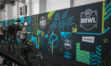 seamless AV-Drop Modular backdrop step and repeat for Super Bowl pre event