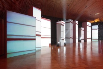 White AV-Drop Modular Backdrop walls  set with returns to look like cubes and environmental use in front of star drape